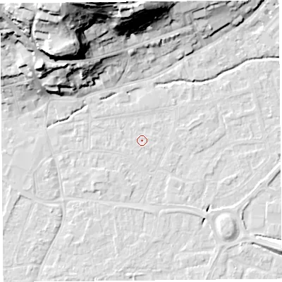Shaded relief map of the ground around BS216HR, computed from Environment Agency LiDAR. The ground here sits at about 6 m above sea level and falls 40 m across the surrounding 800 m. Surface water reaching this point runs off ground lying to the south-south-east, 0.6 m higher.