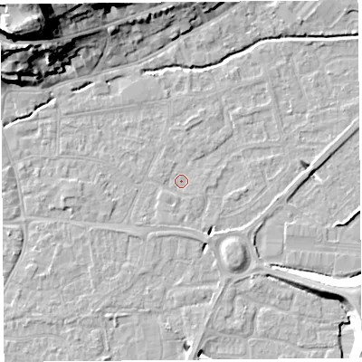 Shaded relief map of the ground around BS216HS, computed from Environment Agency LiDAR. The ground here sits at about 6 m above sea level and falls 30 m across the surrounding 800 m. Surface water reaching this point runs off ground lying to the south, 1.0 m higher.