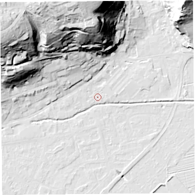 Shaded relief map of the ground around BS216HU, computed from Environment Agency LiDAR. The ground here sits at about 6 m above sea level and falls 65 m across the surrounding 800 m. Surface water reaching this point runs off ground lying to the north, 1.4 m higher.