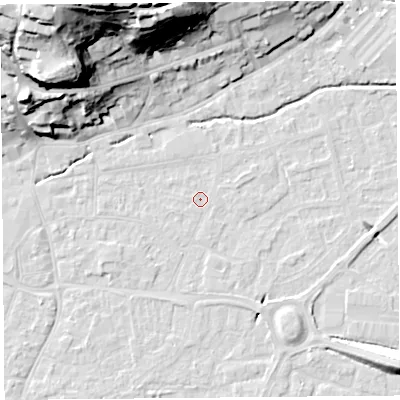 Shaded relief map of the ground around BS216HW, computed from Environment Agency LiDAR. The ground here sits at about 6 m above sea level and falls 41 m across the surrounding 800 m. Surface water reaching this point runs off ground lying to the west-north-west, 1.1 m higher.