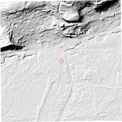Shaded relief map of the ground around BS216HX, computed from Environment Agency LiDAR. The ground here sits at about 6 m above sea level and falls 37 m across the surrounding 800 m. The ground contributing surface water to this point lies to the north-west.