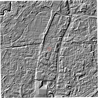 Shaded relief map of the ground around BS216HY, computed from Environment Agency LiDAR. The ground here sits at about 6 m above sea level and falls 3 m across the surrounding 800 m. Surface water reaching this point runs off ground lying to the south-south-west, 0.8 m higher.