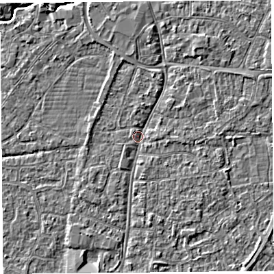 Shaded relief map of the ground around BS216JA, computed from Environment Agency LiDAR. The ground here sits at about 6 m above sea level and falls 3 m across the surrounding 800 m. Surface water reaching this point runs off ground lying to the south, 1.5 m higher.