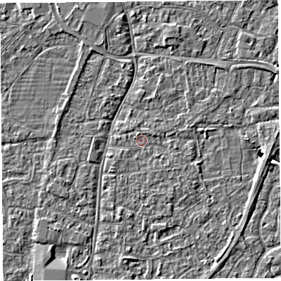 Shaded relief map of the ground around BS216JB, computed from Environment Agency LiDAR. The ground here sits at about 6 m above sea level and falls 4 m across the surrounding 800 m. Surface water reaching this point runs off ground lying to the north-north-east, 1.8 m higher.