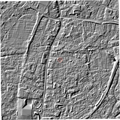 Shaded relief map of the ground around BS216JD, computed from Environment Agency LiDAR. The ground here sits at about 6 m above sea level and falls 4 m across the surrounding 800 m. The ground contributing surface water to this point lies to the west-north-west.
