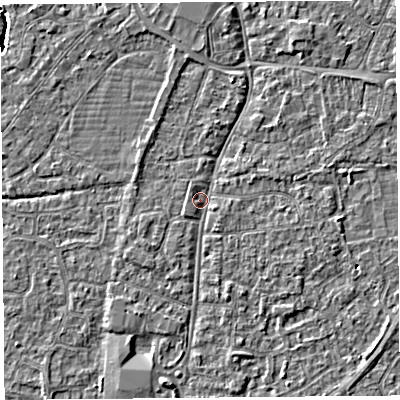 Shaded relief map of the ground around BS216JE, computed from Environment Agency LiDAR. The ground here sits at about 6 m above sea level and falls 3 m across the surrounding 800 m. Surface water reaching this point runs off ground lying to the south-south-east, 1.4 m higher.