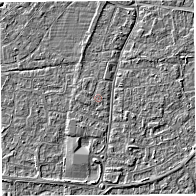 Shaded relief map of the ground around BS216JG, computed from Environment Agency LiDAR. The ground here sits at about 6 m above sea level and falls 3 m across the surrounding 800 m. Surface water reaching this point runs off ground lying to the west-south-west, 0.7 m higher.