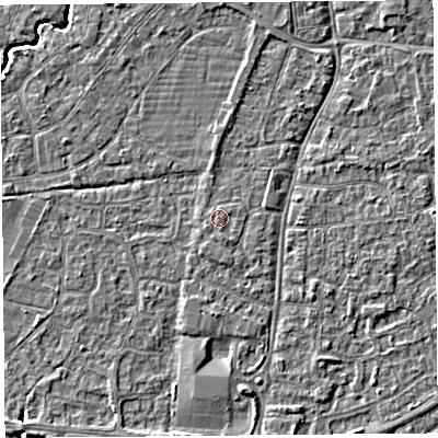 Shaded relief map of the ground around BS216JH, computed from Environment Agency LiDAR. The ground here sits at about 6 m above sea level and falls 4 m across the surrounding 800 m. Surface water reaching this point runs off ground lying to the south-south-east, 0.6 m higher.
