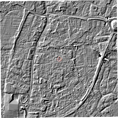 Shaded relief map of the ground around BS216JJ, computed from Environment Agency LiDAR. The ground here sits at about 6 m above sea level and falls 4 m across the surrounding 800 m. Surface water reaching this point runs off ground lying to the east-south-east, 0.5 m higher.