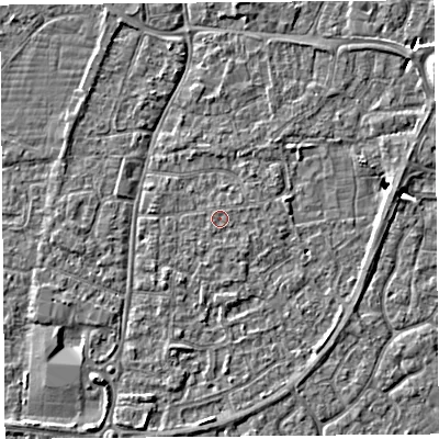 Shaded relief map of the ground around BS216JL, computed from Environment Agency LiDAR. The ground here sits at about 6 m above sea level and falls 4 m across the surrounding 800 m. Surface water reaching this point runs off ground lying to the south-east, 0.5 m higher.