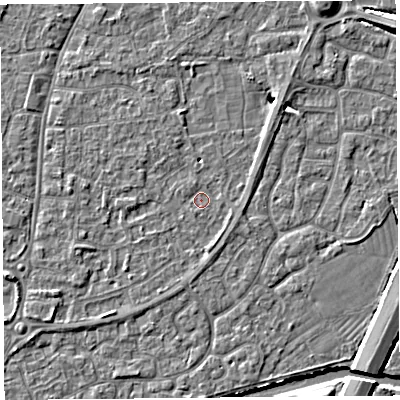 Shaded relief map of the ground around BS216JN, computed from Environment Agency LiDAR. The ground here sits at about 6 m above sea level and falls 5 m across the surrounding 800 m. Surface water reaching this point runs off ground lying to the south-south-east, 1.1 m higher.
