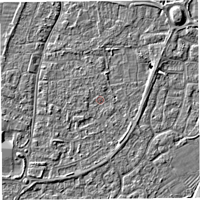 Shaded relief map of the ground around BS216JP, computed from Environment Agency LiDAR. The ground here sits at about 6 m above sea level and falls 4 m across the surrounding 800 m. Surface water reaching this point runs off ground lying to the south-west, 1.7 m higher.