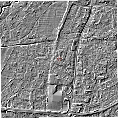 Shaded relief map of the ground around BS216JQ, computed from Environment Agency LiDAR. The ground here sits at about 6 m above sea level and falls 4 m across the surrounding 800 m. The ground contributing surface water to this point lies to the east-north-east.