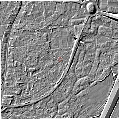 Shaded relief map of the ground around BS216JR, computed from Environment Agency LiDAR. The ground here sits at about 6 m above sea level and falls 7 m across the surrounding 800 m. Surface water reaching this point runs off ground lying to the north-east, 1.2 m higher.