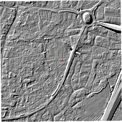 Shaded relief map of the ground around BS216JS, computed from Environment Agency LiDAR. The ground here sits at about 6 m above sea level and falls 8 m across the surrounding 800 m. Surface water reaching this point runs off ground lying to the north-east, 3.6 m higher.