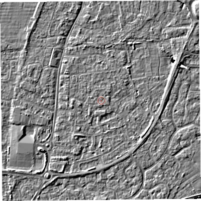 Shaded relief map of the ground around BS216JT, computed from Environment Agency LiDAR. The ground here sits at about 6 m above sea level and falls 4 m across the surrounding 800 m. The ground contributing surface water to this point lies to the south-south-east.