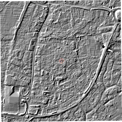 Shaded relief map of the ground around BS216JU, computed from Environment Agency LiDAR. The ground here sits at about 6 m above sea level and falls 4 m across the surrounding 800 m. Surface water reaching this point runs off ground lying to the south-south-east, 0.5 m higher.