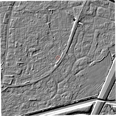 Shaded relief map of the ground around BS216JW, computed from Environment Agency LiDAR. The ground here sits at about 6 m above sea level and falls 6 m across the surrounding 800 m. Surface water reaching this point runs off ground lying to the south-south-east, 0.9 m higher.