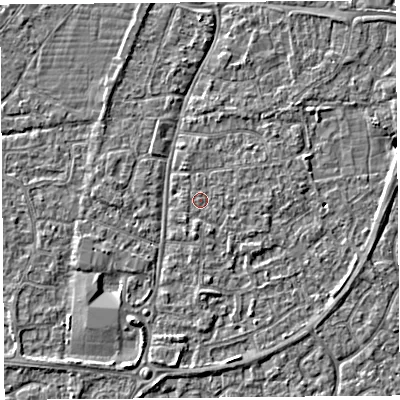 Shaded relief map of the ground around BS216JX, computed from Environment Agency LiDAR. The ground here sits at about 6 m above sea level and falls 3 m across the surrounding 800 m. Surface water reaching this point runs off ground lying to the south, 1.0 m higher.