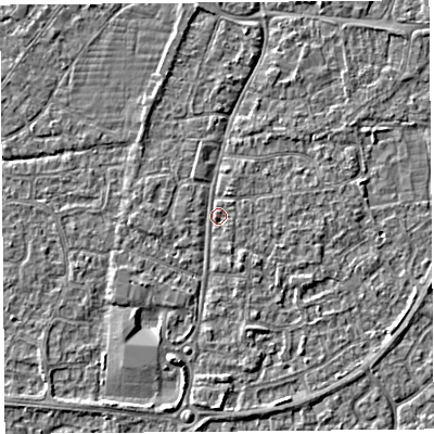 Shaded relief map of the ground around BS216JY, computed from Environment Agency LiDAR. The ground here sits at about 6 m above sea level and falls 3 m across the surrounding 800 m. Surface water reaching this point runs off ground lying to the south-south-west, 2.1 m higher.