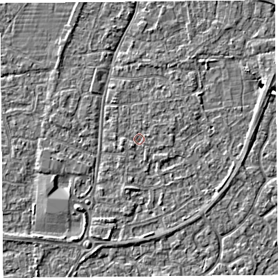 Shaded relief map of the ground around BS216JZ, computed from Environment Agency LiDAR. The ground here sits at about 6 m above sea level and falls 4 m across the surrounding 800 m. Surface water reaching this point runs off ground lying to the west-south-west, 1.0 m higher.