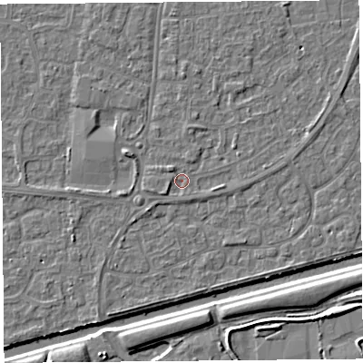 Shaded relief map of the ground around BS216LA, computed from Environment Agency LiDAR. The ground here sits at about 6 m above sea level and falls 5 m across the surrounding 800 m. Surface water reaching this point runs off ground lying to the west-south-west, 1.6 m higher.