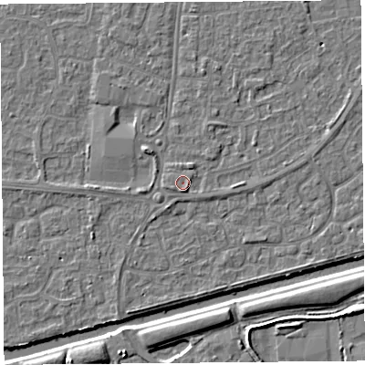 Shaded relief map of the ground around BS216LB, computed from Environment Agency LiDAR. The ground here sits at about 6 m above sea level and falls 5 m across the surrounding 800 m. Surface water reaching this point runs off ground lying to the east-south-east, 1.3 m higher.