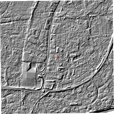 Shaded relief map of the ground around BS216LD, computed from Environment Agency LiDAR. The ground here sits at about 6 m above sea level and falls 4 m across the surrounding 800 m. Surface water reaching this point runs off ground lying to the north-west, 0.6 m higher.