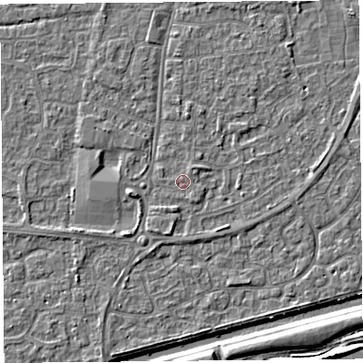 Shaded relief map of the ground around BS216LE, computed from Environment Agency LiDAR. The ground here sits at about 6 m above sea level and falls 5 m across the surrounding 800 m. Surface water reaching this point runs off ground lying to the south-south-east, 0.7 m higher.