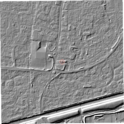 Shaded relief map of the ground around BS216LF, computed from Environment Agency LiDAR. The ground here sits at about 7 m above sea level and falls 5 m across the surrounding 800 m. Surface water reaching this point runs off ground lying to the south-south-east, 1.6 m higher.