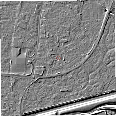 Shaded relief map of the ground around BS216LG, computed from Environment Agency LiDAR. The ground here sits at about 6 m above sea level and falls 9 m across the surrounding 800 m. Surface water reaching this point runs off ground lying to the south-west, 1.6 m higher.