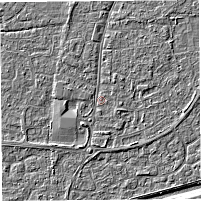 Shaded relief map of the ground around BS216LH, computed from Environment Agency LiDAR. The ground here sits at about 6 m above sea level and falls 4 m across the surrounding 800 m. Surface water reaching this point runs off ground lying to the south-west, 1.9 m higher.
