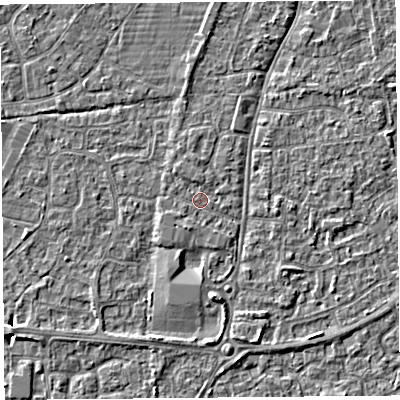 Shaded relief map of the ground around BS216LL, computed from Environment Agency LiDAR. The ground here sits at about 6 m above sea level and falls 4 m across the surrounding 800 m. Surface water reaching this point runs off ground lying to the north, 0.8 m higher.