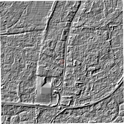 Shaded relief map of the ground around BS216LN, computed from Environment Agency LiDAR. The ground here sits at about 6 m above sea level and falls 3 m across the surrounding 800 m. Surface water reaching this point runs off ground lying to the south-south-west, 2.1 m higher.