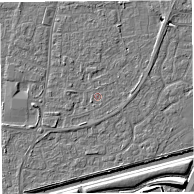 Shaded relief map of the ground around BS216LP, computed from Environment Agency LiDAR. The ground here sits at about 6 m above sea level and falls 10 m across the surrounding 800 m. Surface water reaching this point runs off ground lying to the north-north-east, 0.6 m higher.