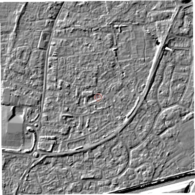 Shaded relief map of the ground around BS216LQ, computed from Environment Agency LiDAR. The ground here sits at about 6 m above sea level and falls 5 m across the surrounding 800 m. Surface water reaching this point runs off ground lying to the south-west, 1.7 m higher.