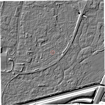 Shaded relief map of the ground around BS216LR, computed from Environment Agency LiDAR. The ground here sits at about 6 m above sea level and falls 10 m across the surrounding 800 m. Surface water reaching this point runs off ground lying to the east, 1.3 m higher.