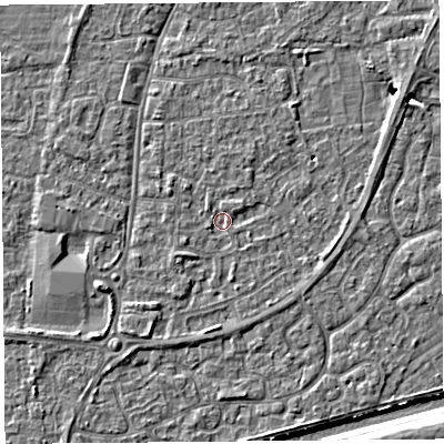 Shaded relief map of the ground around BS216LS, computed from Environment Agency LiDAR. The ground here sits at about 6 m above sea level and falls 5 m across the surrounding 800 m. Surface water reaching this point runs off ground lying to the south-south-west, 1.7 m higher.