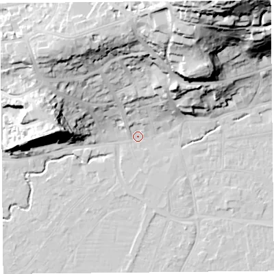 Shaded relief map of the ground around BS216LU, computed from Environment Agency LiDAR. The ground here sits at about 6 m above sea level and falls 56 m across the surrounding 800 m. Surface water reaching this point runs off ground lying to the north, 29.8 m higher.