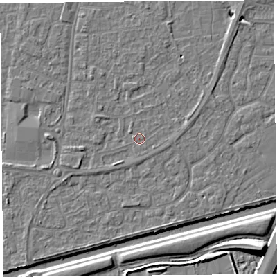Shaded relief map of the ground around BS216LW, computed from Environment Agency LiDAR. The ground here sits at about 6 m above sea level and falls 10 m across the surrounding 800 m. Surface water reaching this point runs off ground lying to the south-west, 1.2 m higher.