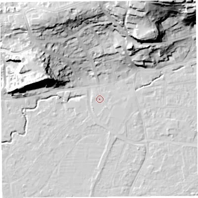 Shaded relief map of the ground around BS216LX, computed from Environment Agency LiDAR. The ground here sits at about 6 m above sea level and falls 41 m across the surrounding 800 m. Surface water reaching this point runs off ground lying to the south-east, 1.1 m higher.