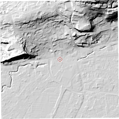 Shaded relief map of the ground around BS216LY, computed from Environment Agency LiDAR. The ground here sits at about 6 m above sea level and falls 52 m across the surrounding 800 m. Surface water reaching this point runs off ground lying to the north, 30.0 m higher.