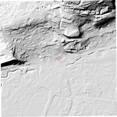 Shaded relief map of the ground around BS216LZ, computed from Environment Agency LiDAR. The ground here sits at about 7 m above sea level and falls 58 m across the surrounding 800 m. Surface water reaching this point runs off ground lying to the north-north-east, 56.8 m higher.