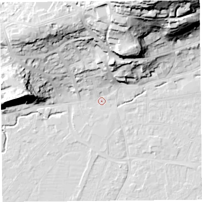 Shaded relief map of the ground around BS216NA, computed from Environment Agency LiDAR. The ground here sits at about 6 m above sea level and falls 55 m across the surrounding 800 m. Surface water reaching this point runs off ground lying to the north-north-east, 50.1 m higher.