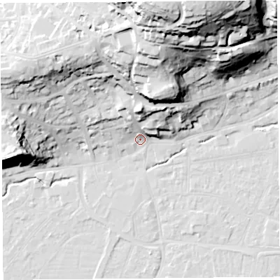 Shaded relief map of the ground around BS216NB, computed from Environment Agency LiDAR. The ground here sits at about 8 m above sea level and falls 60 m across the surrounding 800 m. Surface water reaching this point runs off ground lying to the north, 17.8 m higher.