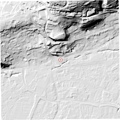 Shaded relief map of the ground around BS216ND, computed from Environment Agency LiDAR. The ground here sits at about 7 m above sea level and falls 60 m across the surrounding 800 m. Surface water reaching this point runs off ground lying to the north-west, 19.4 m higher.