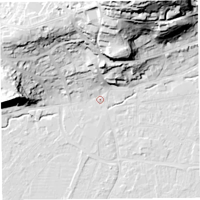 Shaded relief map of the ground around BS216NE, computed from Environment Agency LiDAR. The ground here sits at about 6 m above sea level and falls 56 m across the surrounding 800 m. Surface water reaching this point runs off ground lying to the north-north-east, 54.8 m higher.