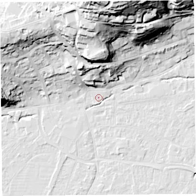 Shaded relief map of the ground around BS216NF, computed from Environment Agency LiDAR. The ground here sits at about 6 m above sea level and falls 59 m across the surrounding 800 m. Surface water reaching this point runs off ground lying to the north-north-west, 20.6 m higher.