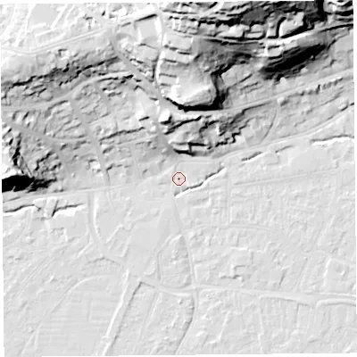 Shaded relief map of the ground around BS216NG, computed from Environment Agency LiDAR. The ground here sits at about 6 m above sea level and falls 57 m across the surrounding 800 m. Surface water reaching this point runs off ground lying to the north-north-east, 55.3 m higher.