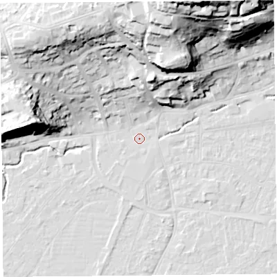 Shaded relief map of the ground around BS216NH, computed from Environment Agency LiDAR. The ground here sits at about 6 m above sea level and falls 50 m across the surrounding 800 m. Surface water reaching this point runs off ground lying to the north-north-east, 45.7 m higher.